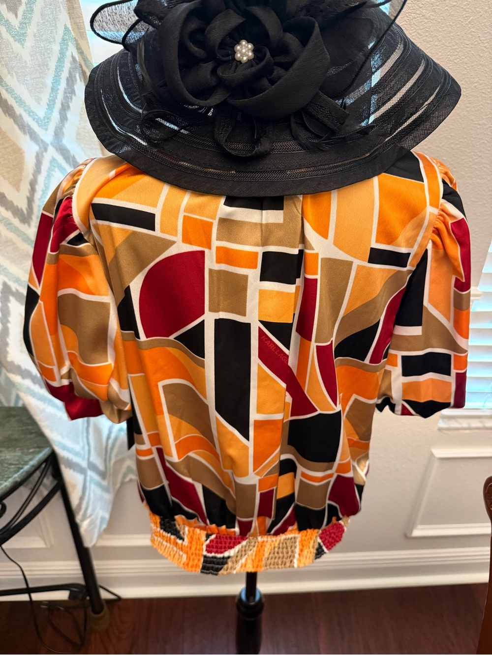 Karl Lagerfeld Geometric Print Tie-Front Blouse in Mustard, Red & Black - Picture 3 of 3